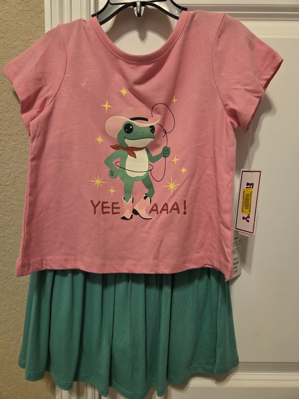 Girl's Pink Frog Cowgirl Kids 2 Piece Shirt and Skirt Set by Rarity